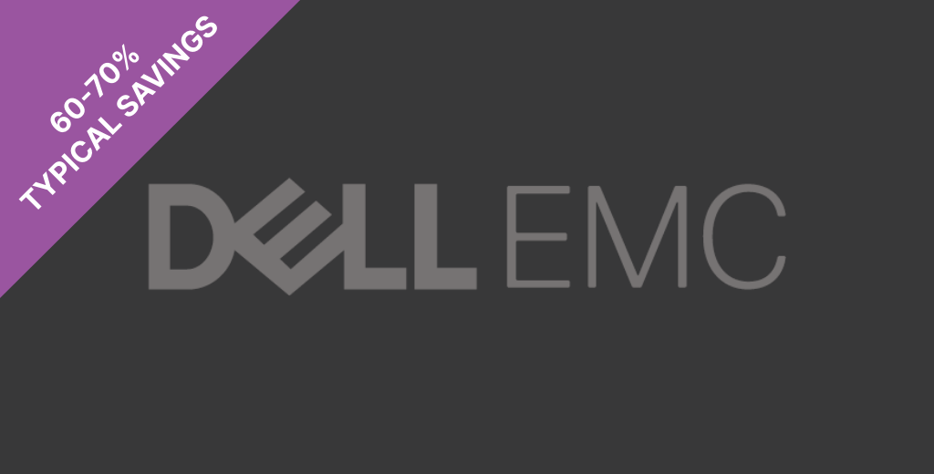 The Dell EMC logo in grey with a purple banner reading '60-70% typical savings'.
