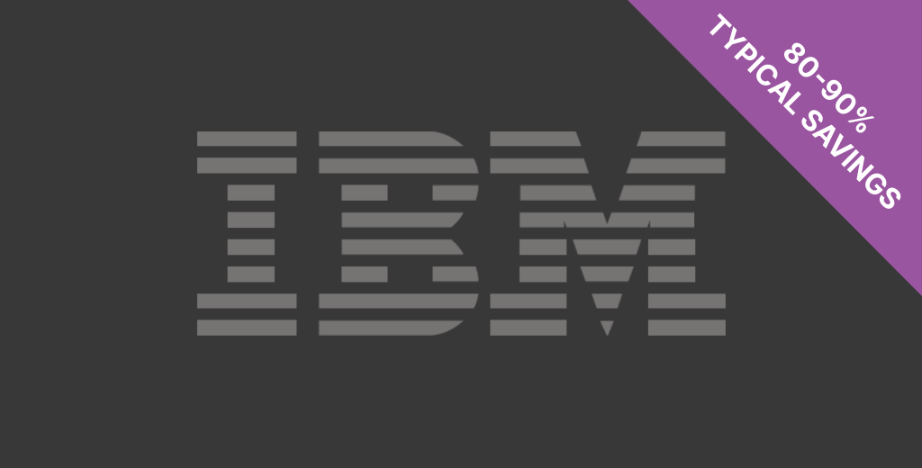The IBM logo in grey with a purple banner reading '80-90% typical savings'.
