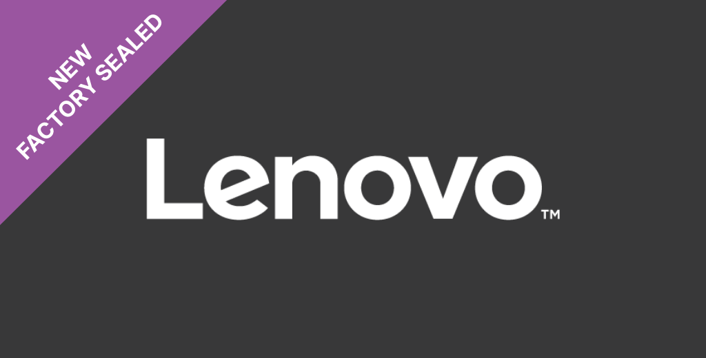 The Lenovo logo in white with a purple banner reading 'New Factory Sealed'.