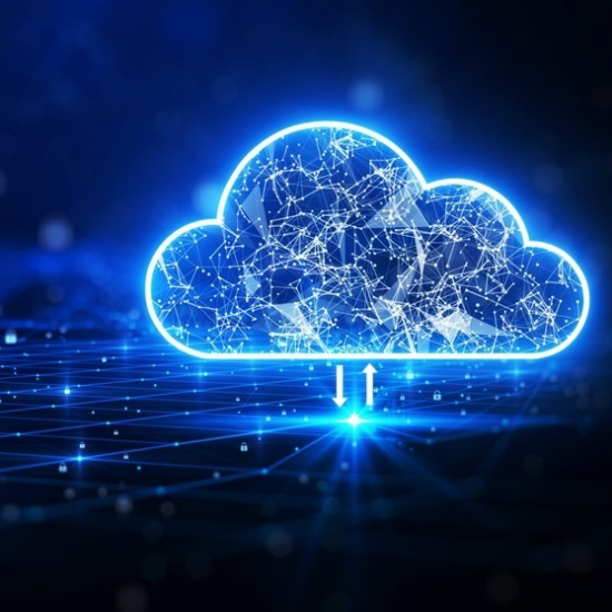 A computer generated image depicting the blue neon outline of a Cloud, filled with interconnecting lines of light.