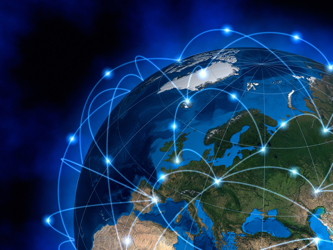 Global communications, Europe A computer generated image of planet Earth depicted with connected beams of light connecting areas of landmass.